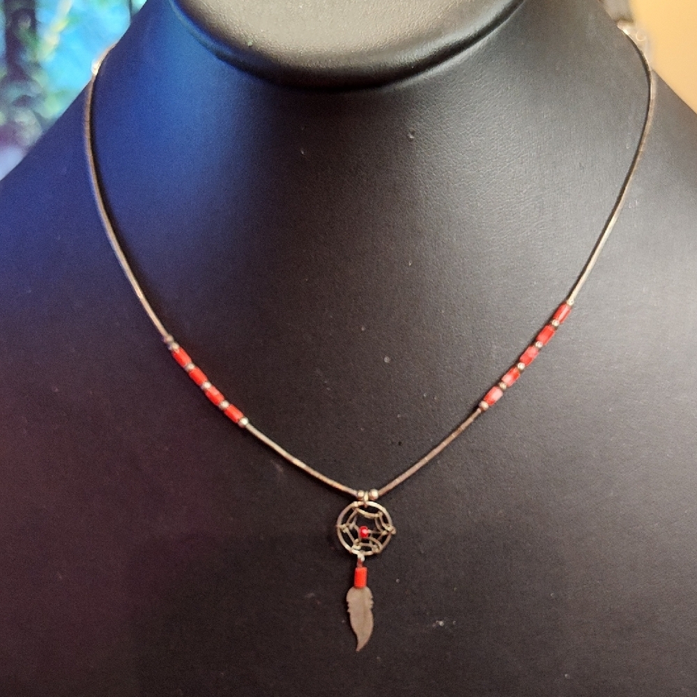 Vintage Red Coral Beaded Silver Necklace with Dream Catcher Feather Pendant